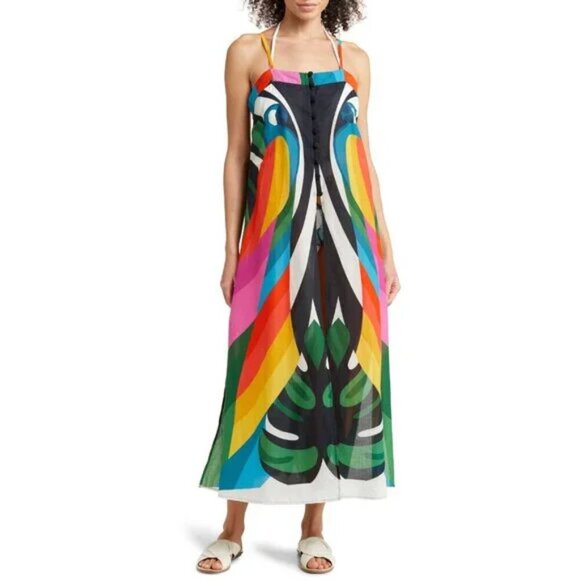 New Farm Rio Macaw Stripes Cotton Swim Beach Cover-Up Maxi Dress Medium NWT - Picture 3 of 10